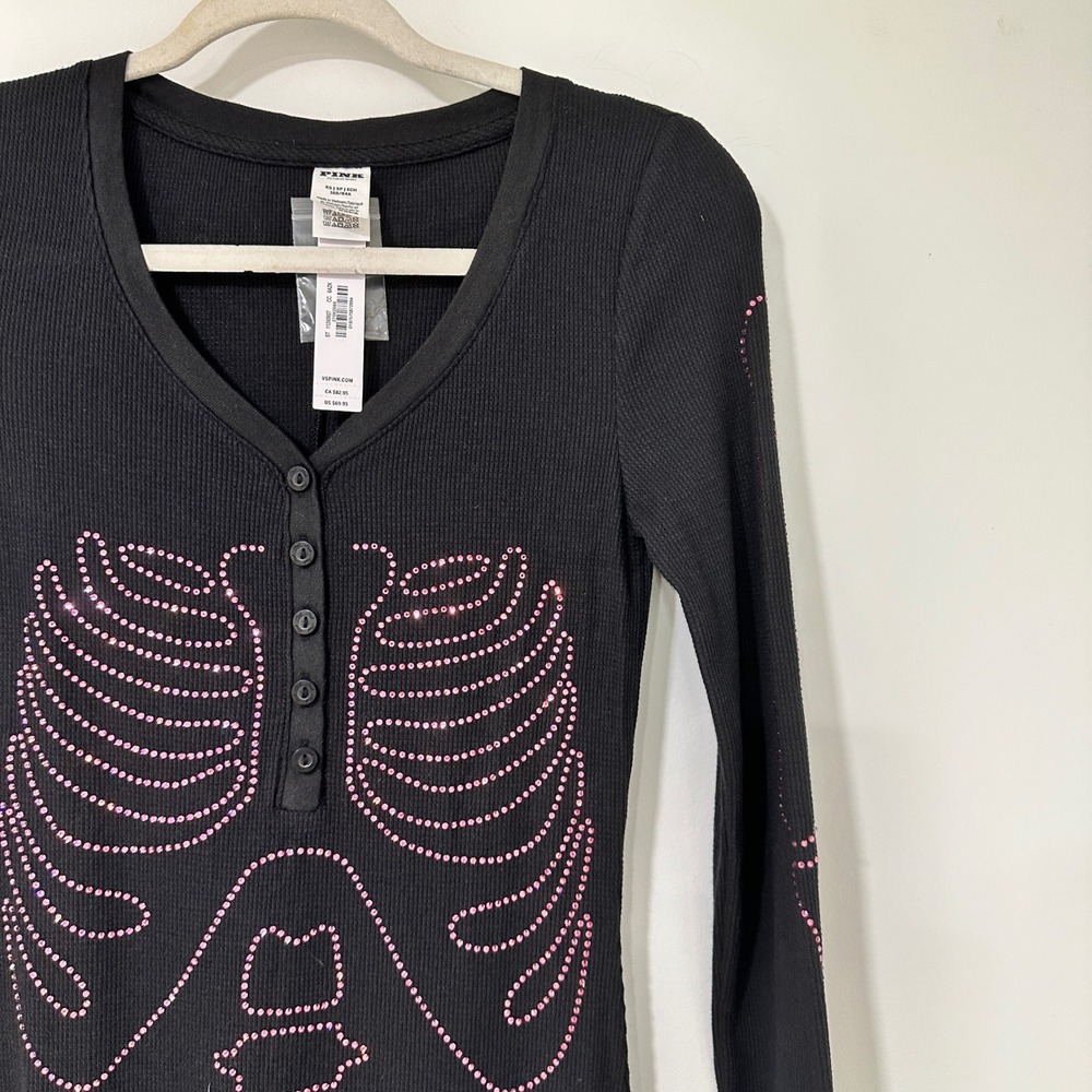 Victoria's Secret PINK Skeleton Rhinestone Thermal Jumpsuit XS NWT Halloween